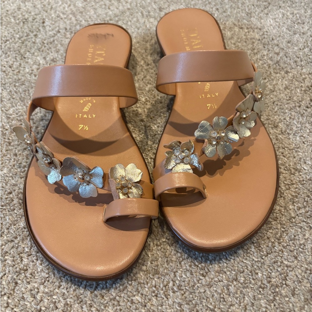 Italian Shoemakers Brown Sandals with Gold Floral Accents